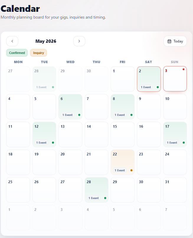 Cuefy calendar and gig schedule preview