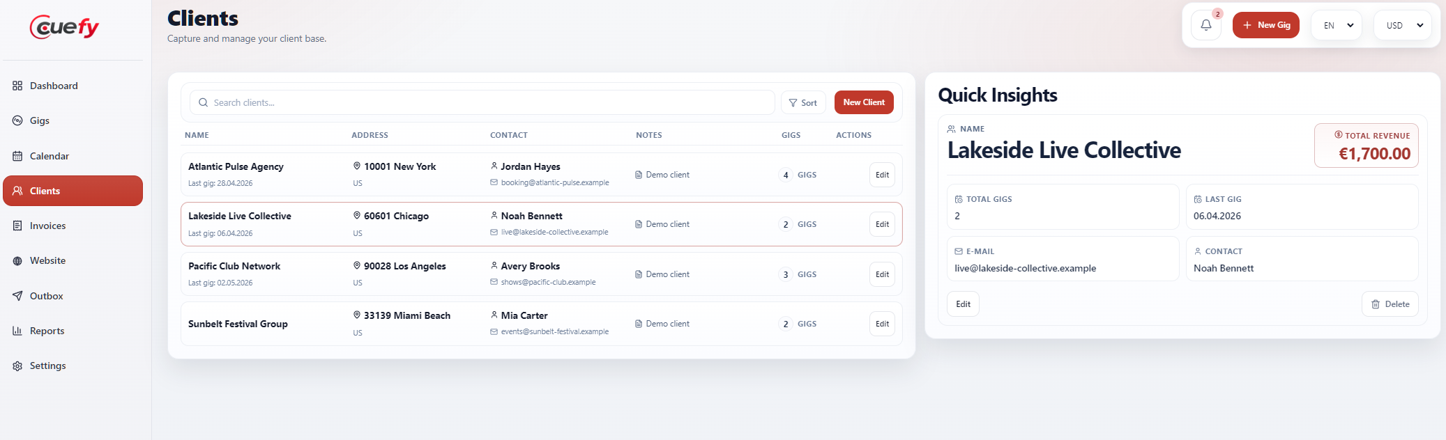 Cuefy clients screen