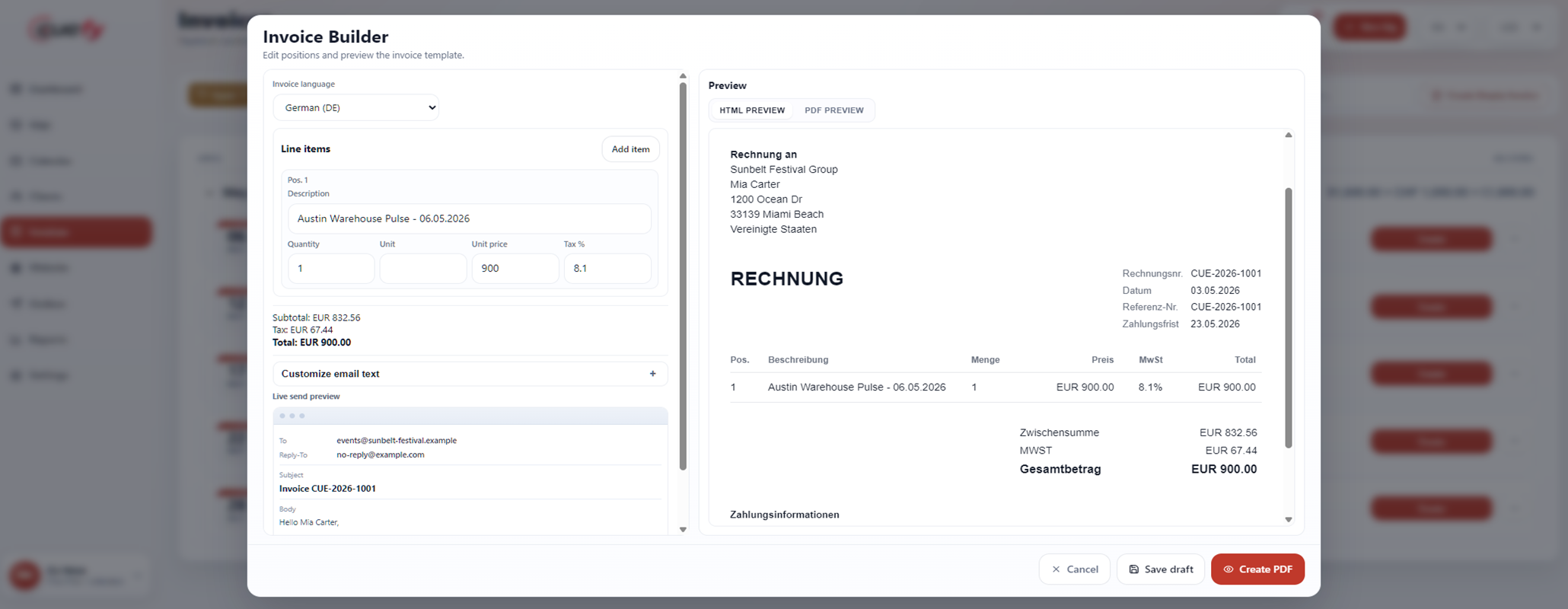 Cuefy invoice screen